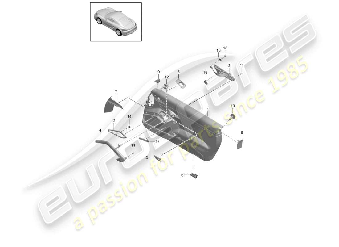 porsche 2025 (718 cayman) panneau de porte accessoires garniture cuir noir diagramme des pièces