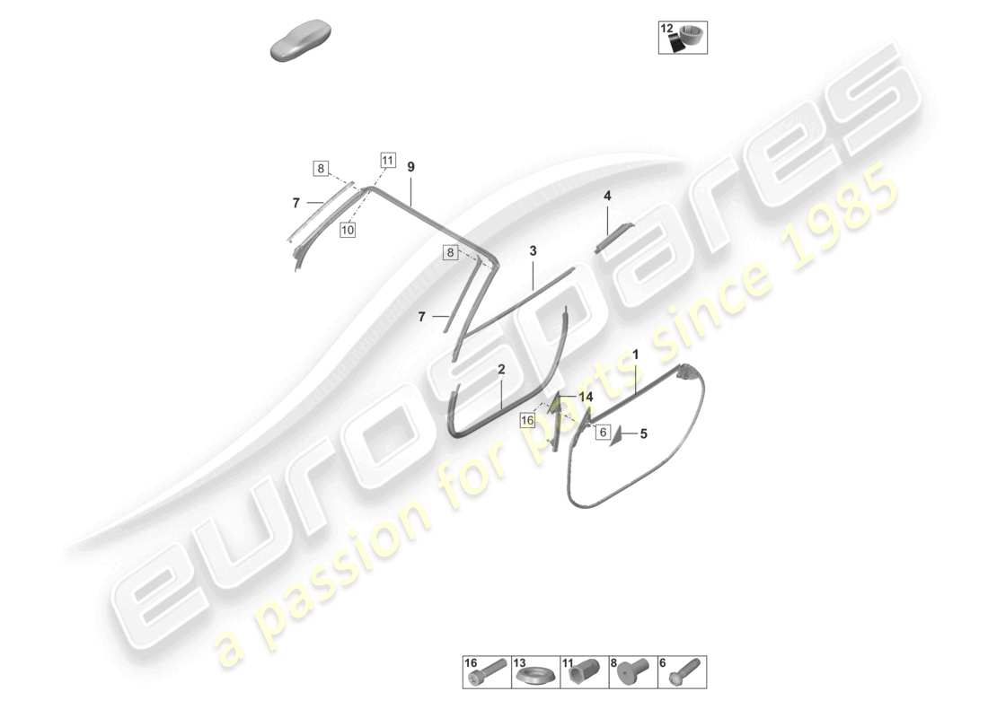 porsche 2022 (992-1 turbo / s) schéma des pièces des moulures de joint de porte cabriolet