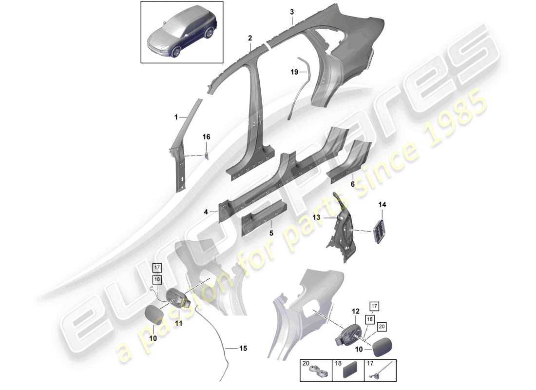 porsche 2021 (cayenne e3 9ya/9yb) partie latérale extérieure partie sectionnelle - panneau latéral diagramme des pièces