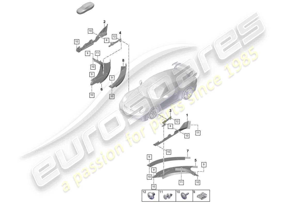 porsche 2026 (992-2 gt3) schéma des pièces de garniture de soubassement de conduit d'air cw