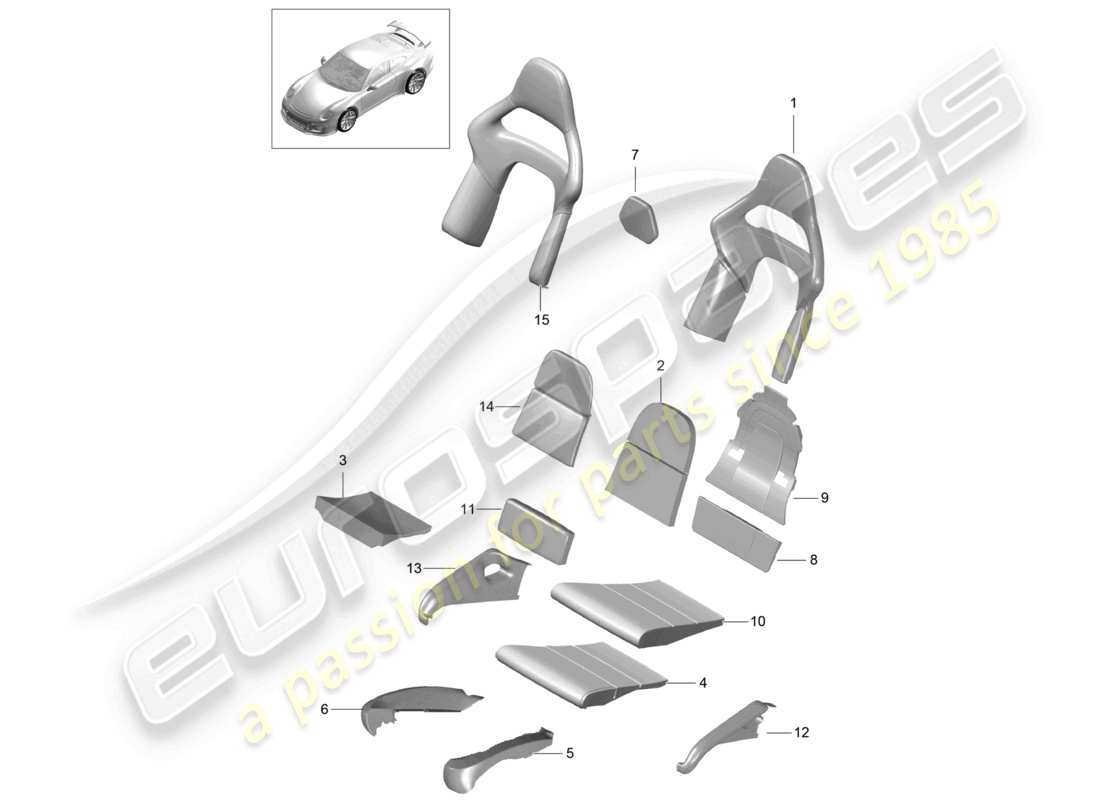 porsche 2021 (991-2 r/gt3/rs) housses de dossier en mousse housses de siège surface d'assise et de dossier siège baquet schéma de la pièce pliante