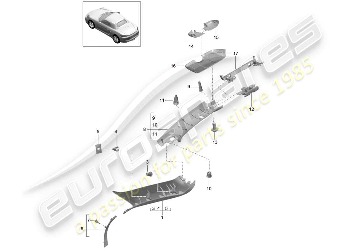 porsche 2021 (718 boxster) schéma des pièces du cadre du pare-brise du montant a