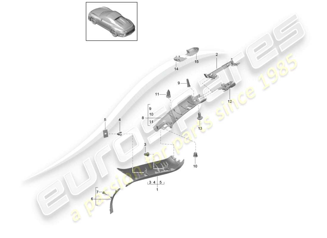 porsche 2021 (991-2 r/gt3/rs) schéma des pièces de garniture du montant a