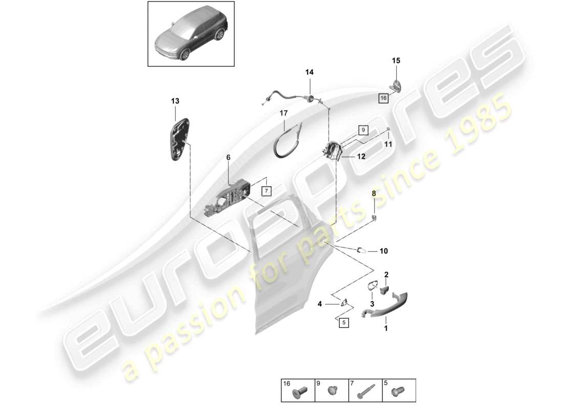 porsche 2021 (cayenne e3 9ya/9yb) poignée de porte, serrure de porte extérieure arrière schéma des pièces