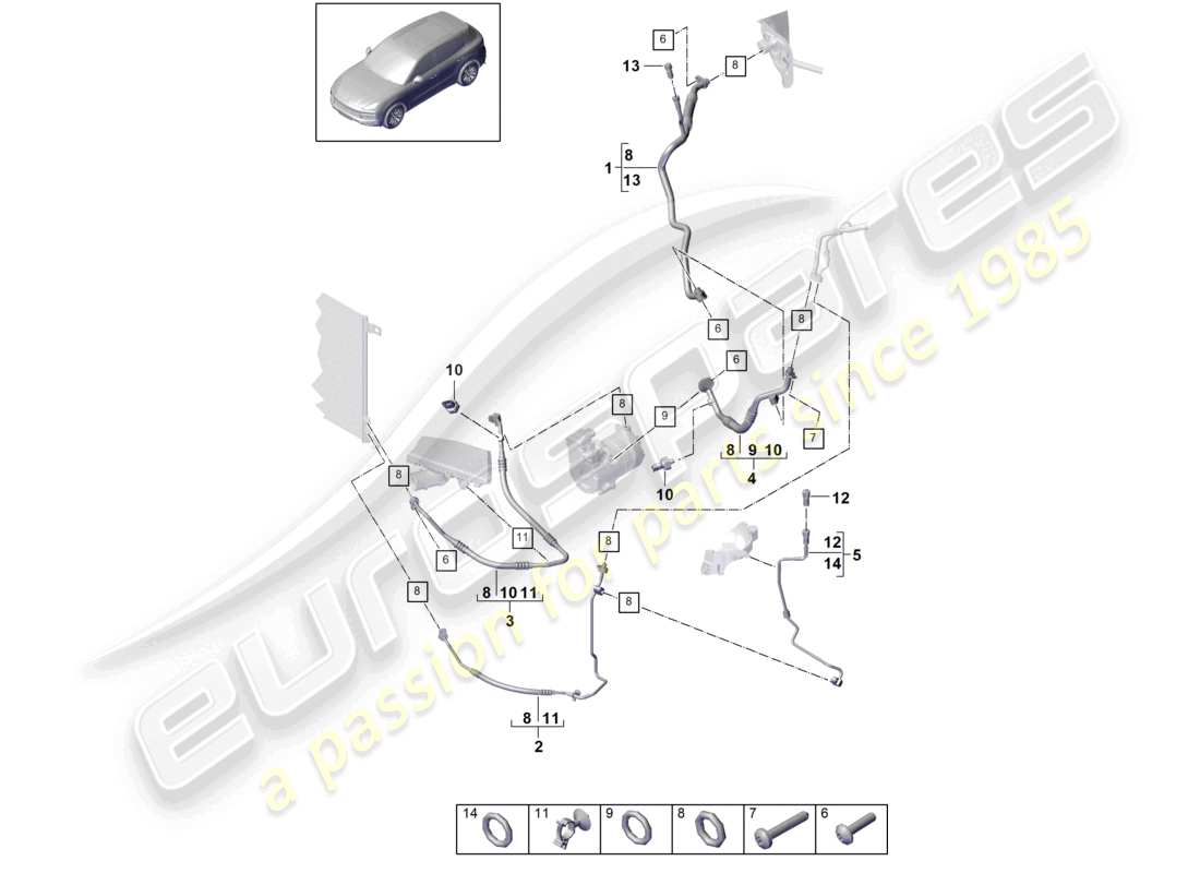 porsche 2021 (cayenne e3 9ya/9yb) circuit frigorifique v6 r1234yf pour les véhicules à propulsion hybride schéma des pièces