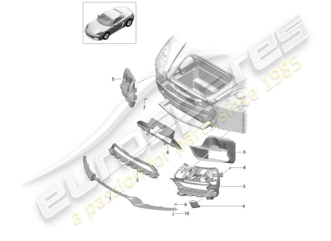 porsche 2024 (718 boxster) schéma des pièces du pare-chocs avant à guidage d'air, pack sport design et gts