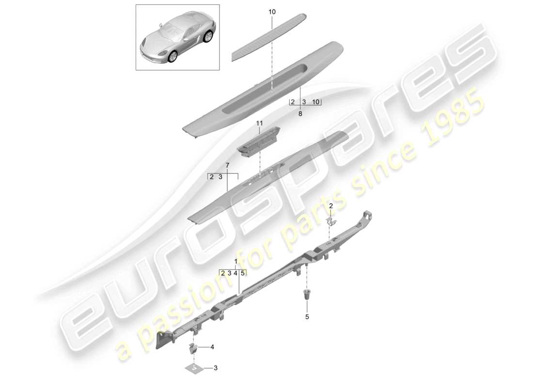 porsche 2021 (718 cayman) schéma des pièces de garniture de seuil intérieur