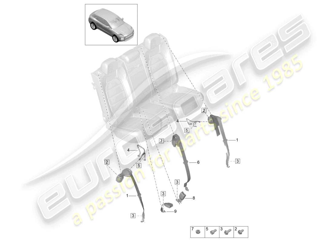 porsche 2021 (macan) schéma des pièces du loquet de ceinture arrière de la ceinture de sécurité à trois points