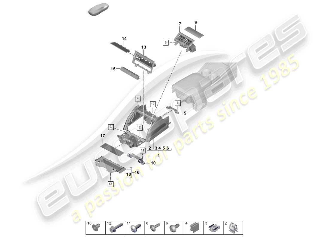 porsche 2026 (panamera 976) schéma des pièces de la console centrale arrière