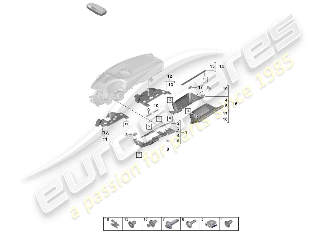 porsche 2025 (panamera 976) schéma des pièces de fixation du tableau de bord inférieur
