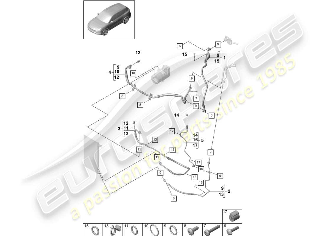 porsche 2024 (cayenne e3 9ya/9yb) circuit frigorifique v8 r1234yf liquide de refroidissement pour véhicules à propulsion hybride schéma des pièces