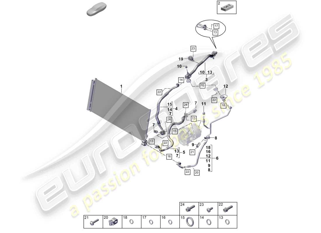 porsche 2024 (panamera 976) système de chauffage et de climatisation v8 pour véhicules à propulsion hybride, schéma des pièces du circuit frigorifique