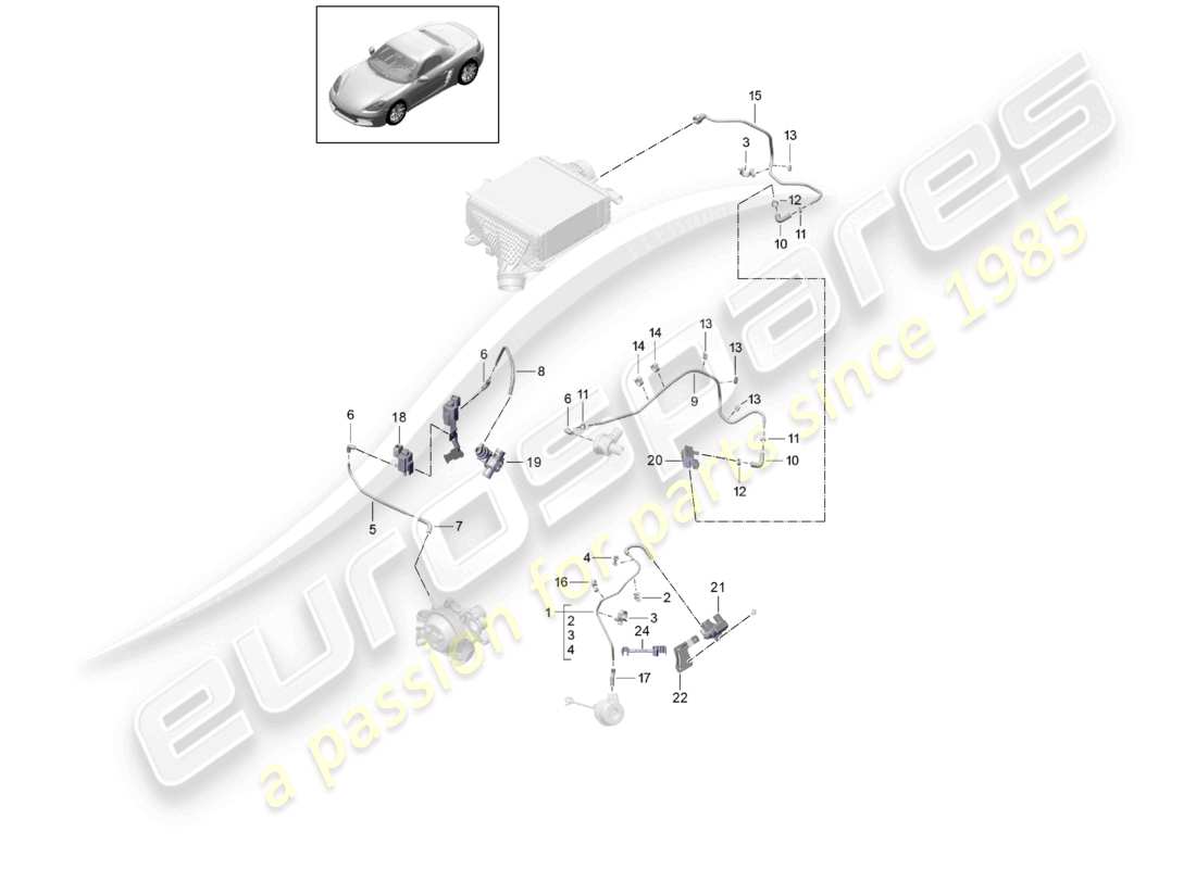 porsche 2026 (718 boxster) schéma des pièces de la soupape de décharge de la ligne de commande de la pompe à liquide de refroidissement de la soupape de dérivation
