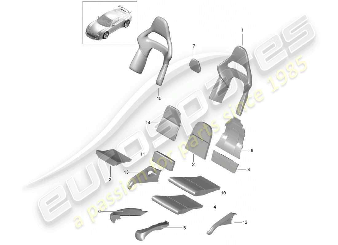 porsche 2021 (991-2 r/gt3/rs) housses de dossier en mousse, housses de siège, siège baquet, schéma de la pièce pliante