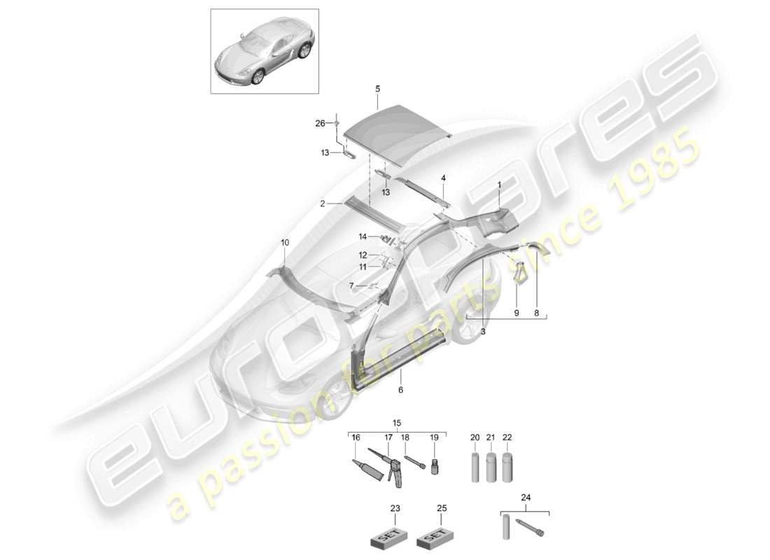porsche 2021 (718 cayman) schéma des pièces du hublot de toit