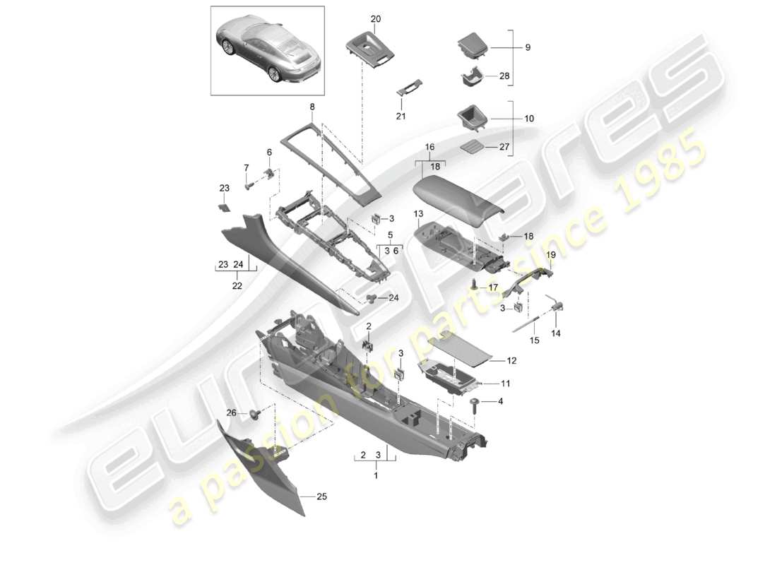 porsche 2021 (991-2 r/gt3/rs) console centrale d - mj 2018>> schéma des pièces