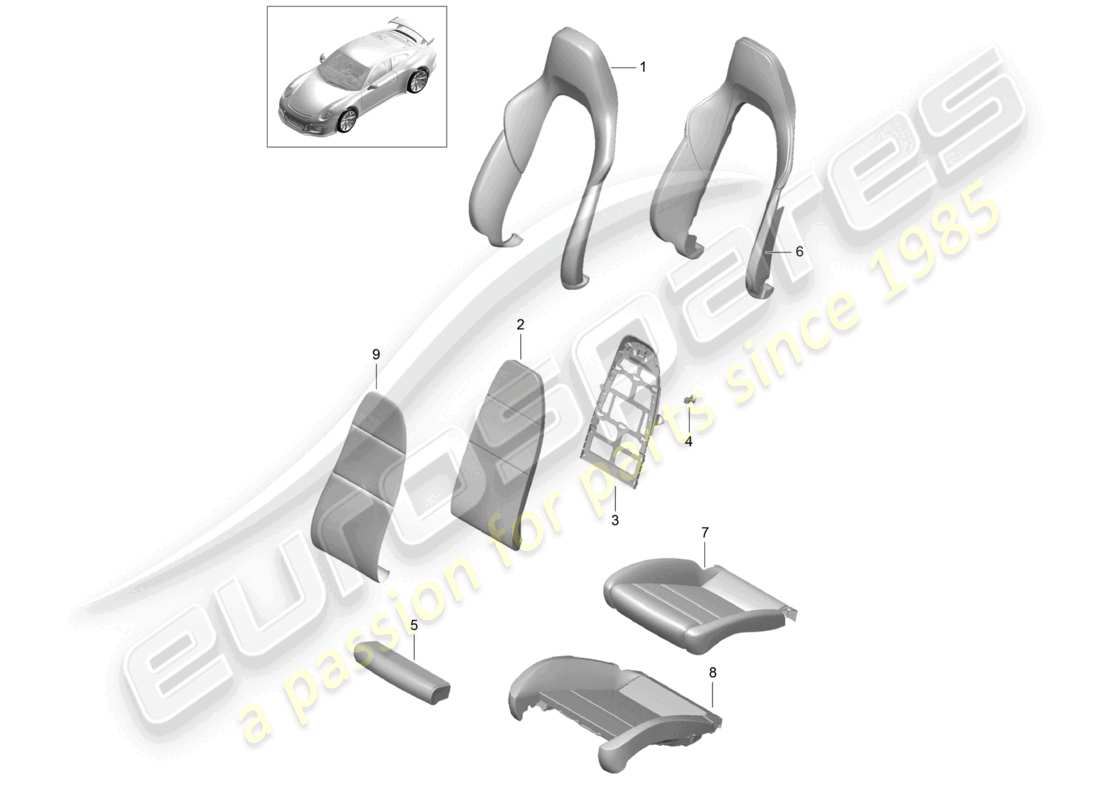 porsche 2021 (991-2 r/gt3/rs) housses de dossier en mousse, housses de siège, siège sport, schéma des pièces plus