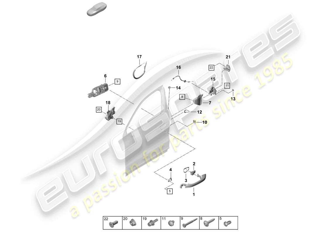 porsche 2025 (cayenne e3 pa) poignée de porte, serrure de porte extérieure avant, schéma des pièces du coupé