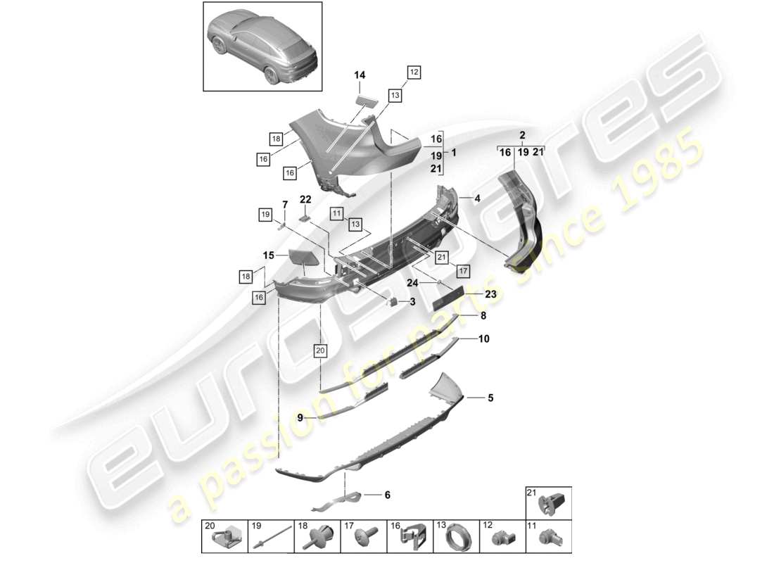 porsche 2021 (cayenne e3 9ya/9yb) schéma des pièces du pare-chocs arrière du coupé