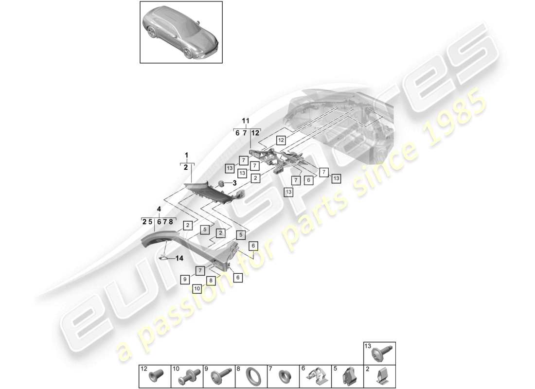 porsche 2021 (panamera 971-1) schéma des pièces du compartiment à bagages du montant d latéral