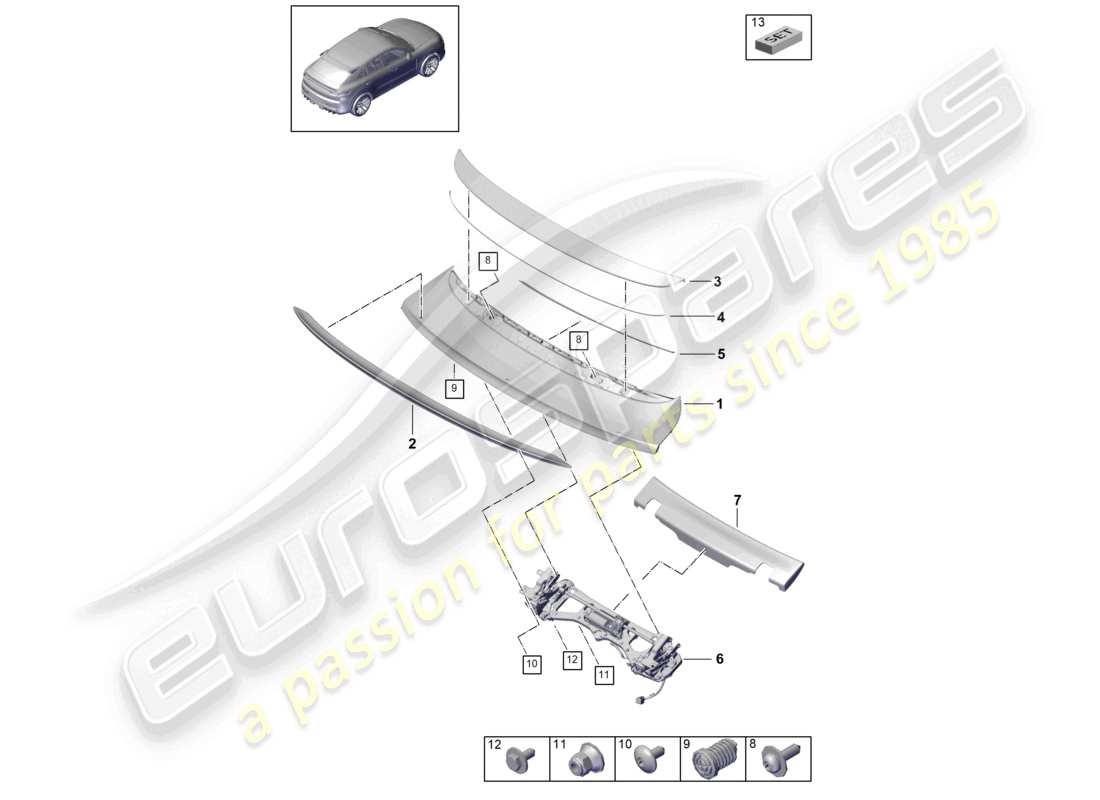 porsche 2024 (cayenne e3 9ya/9yb) schéma des pièces du becquet arrière turbo gt coupé gt