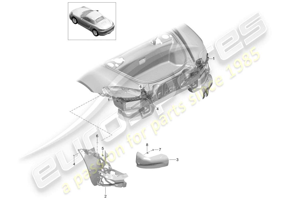 porsche 2025 (718 boxster) schéma des pièces de fixation du pare-chocs arrière