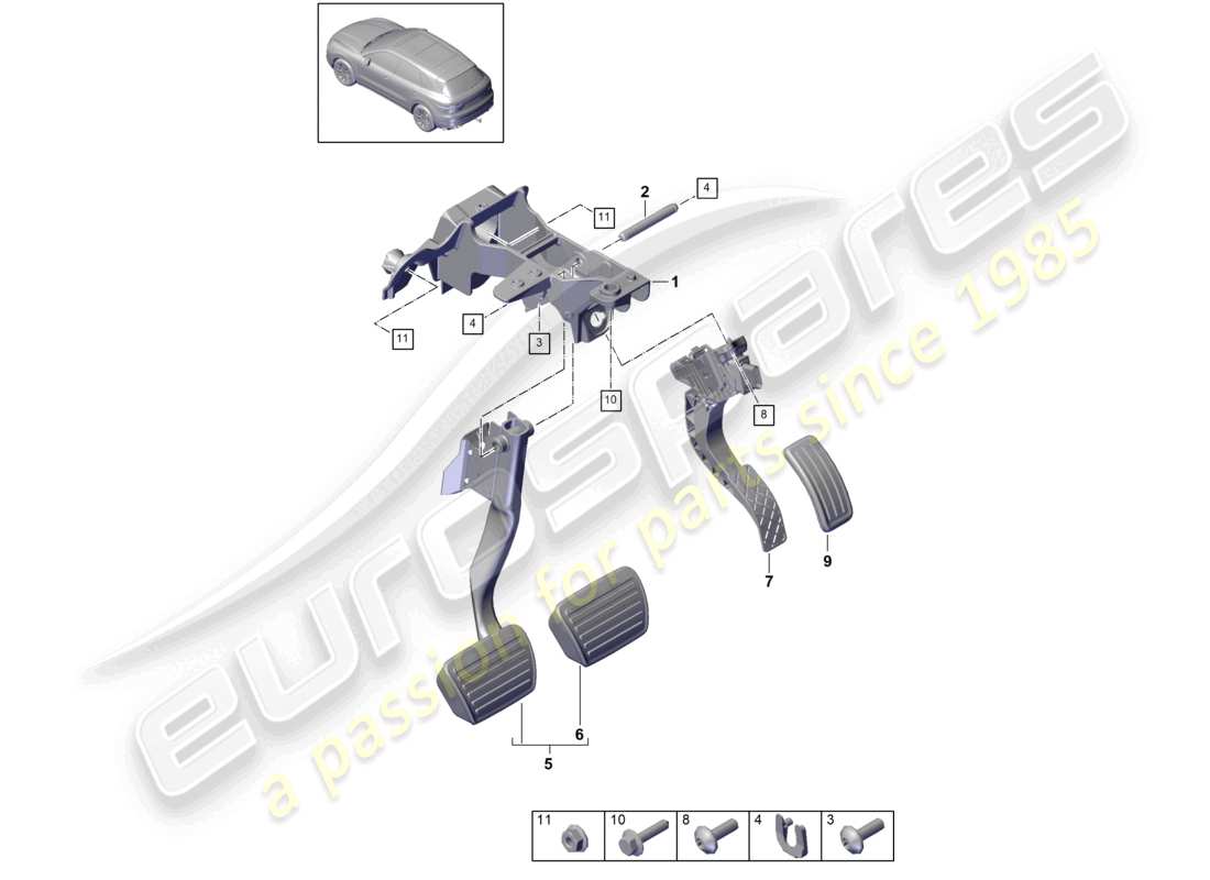 porsche 2021 (cayenne e3 9ya/9yb) schéma des pièces du mécanisme de levier de frein et d'accélérateur à gauche