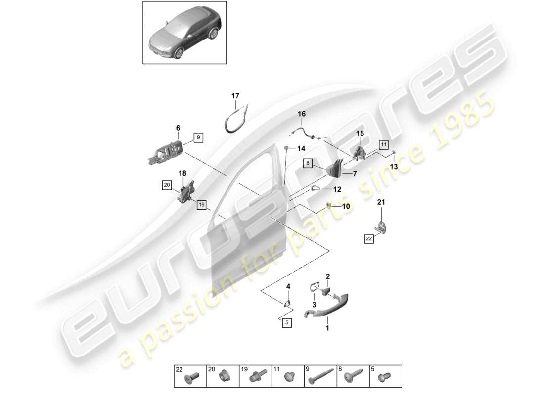 porsche 2024 (cayenne e3 9ya/9yb) poignée de porte, serrure de porte extérieure avant, schéma des pièces du coupé