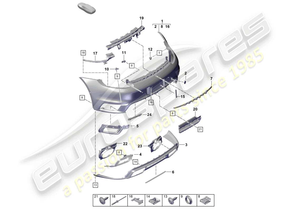 porsche 2022 (992-1 turbo / s) pare-chocs arrière avec : accessoires de base schéma des pièces ece