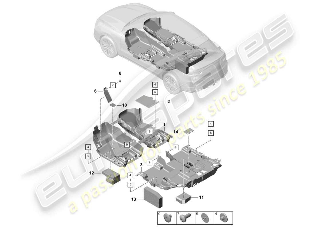 porsche 2021 (cayenne e3 9ya/9yb) schéma des pièces arrière du plancher