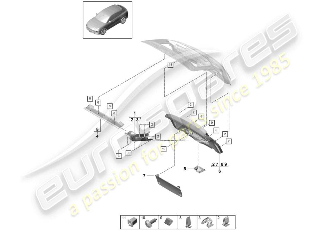 porsche 2021 (cayenne e3 9ya/9yb) panneau de garniture de couvercle arrière schéma des pièces