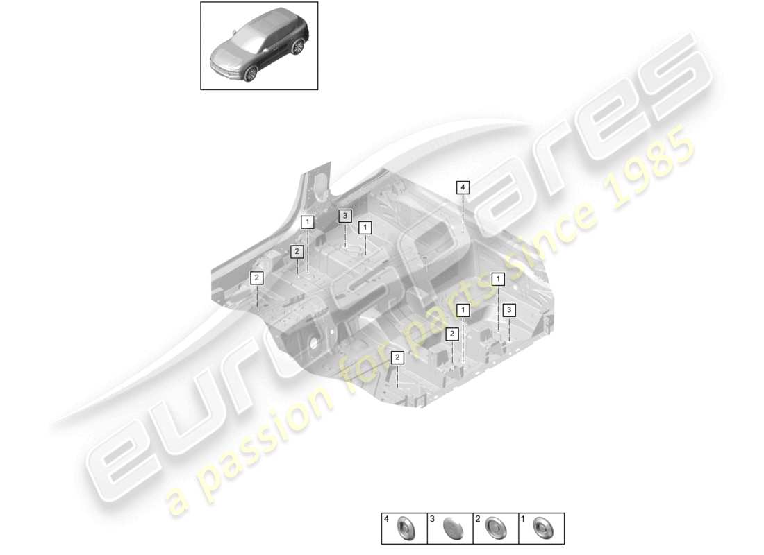 porsche 2021 (cayenne e3 9ya/9yb) schéma des pièces du soubassement avant intérieur des bouchons