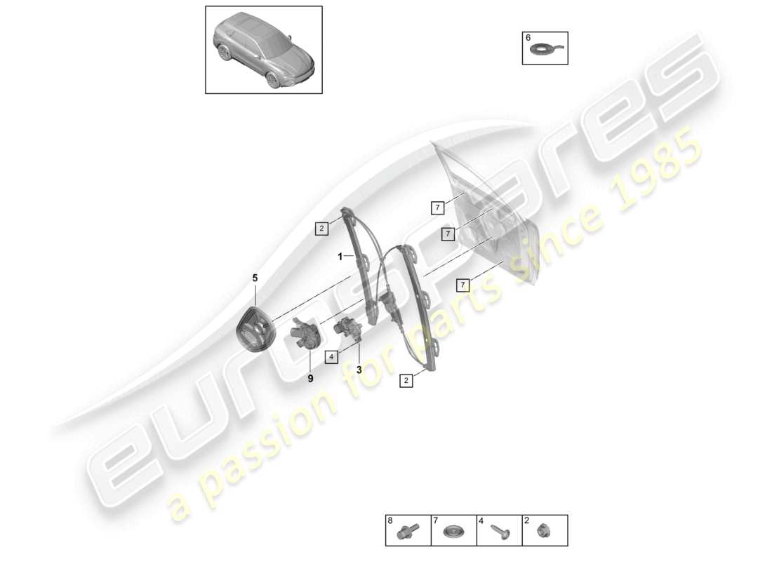porsche 2021 (cayenne e3 9ya/9yb) schéma des pièces du support d'assemblage avant du lève-vitre