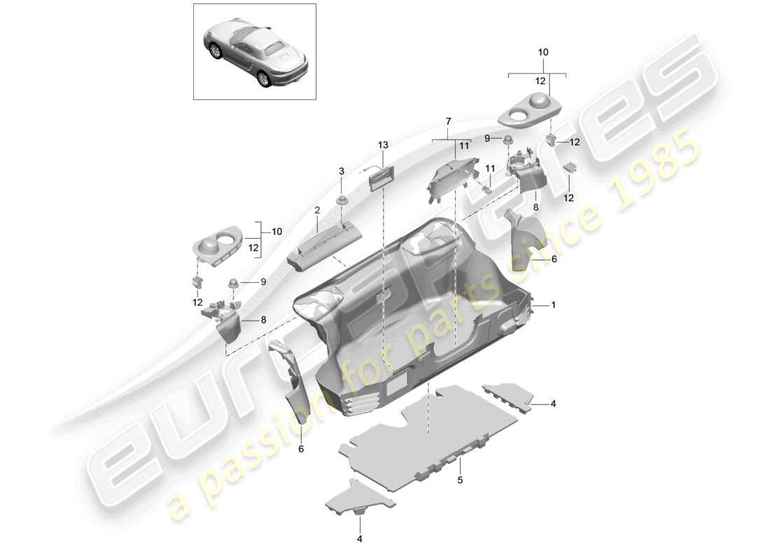 porsche 2021 (718 boxster) schéma des pièces de garniture de coffre arrière