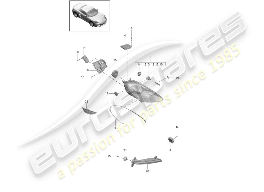 porsche 2025 (718 boxster) phares phare supplémentaire clignotant feu de position latéral répétiteur de clignotant schéma des pièces
