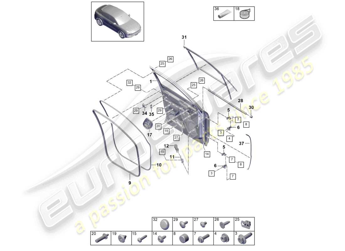 porsche 2021 (cayenne e3 9ya/9yb) schéma des pièces des joints de coque de porte avant coupé