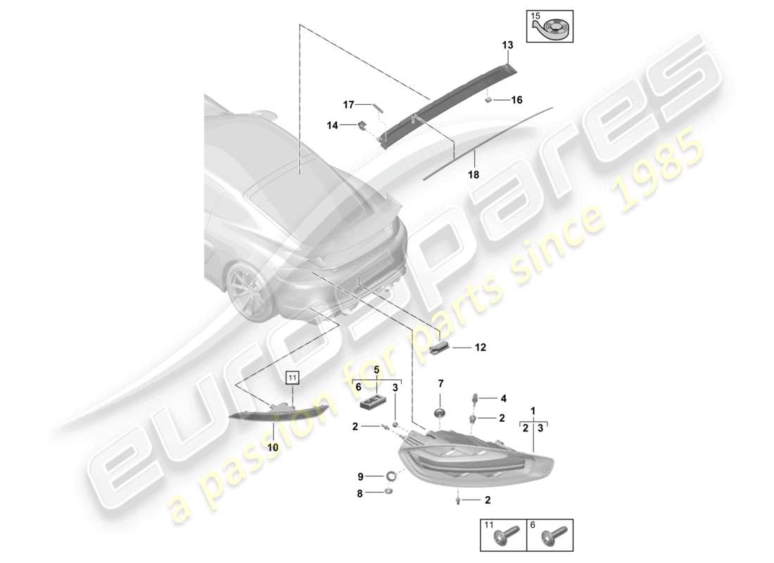 porsche 2021 (718 cayman gt4) feu arrière éclairage de plaque d'immatriculation feu stop supplémentaire feu antibrouillard arrière schéma des pièces