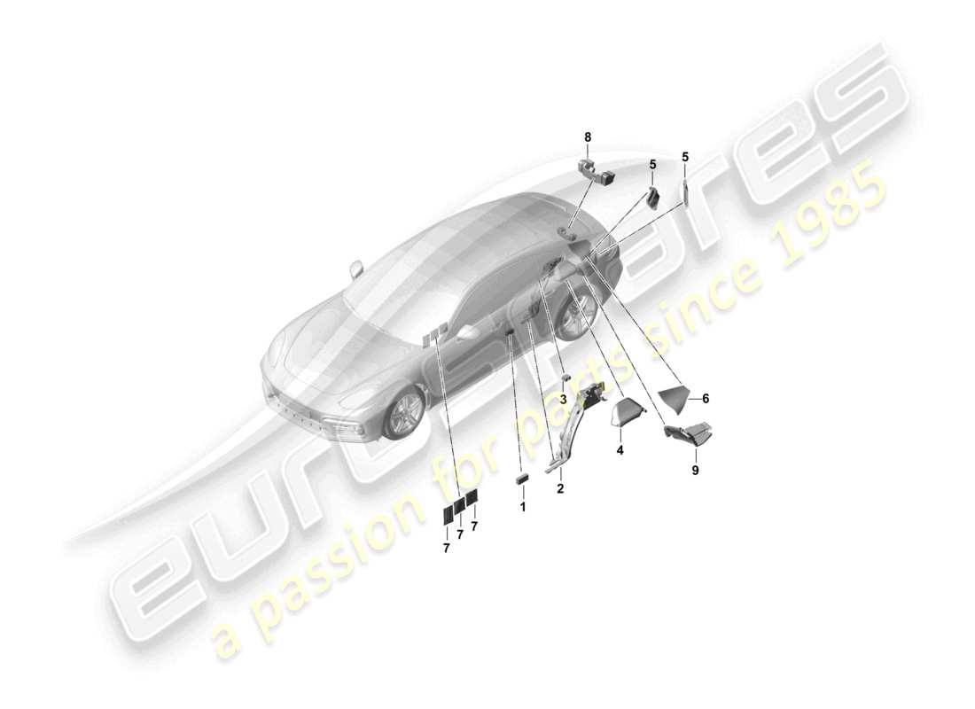 porsche 2021 (panamera 971-1) garniture de panneau latéral d'amortisseur de bruit pour le compartiment à bagages schéma des pièces