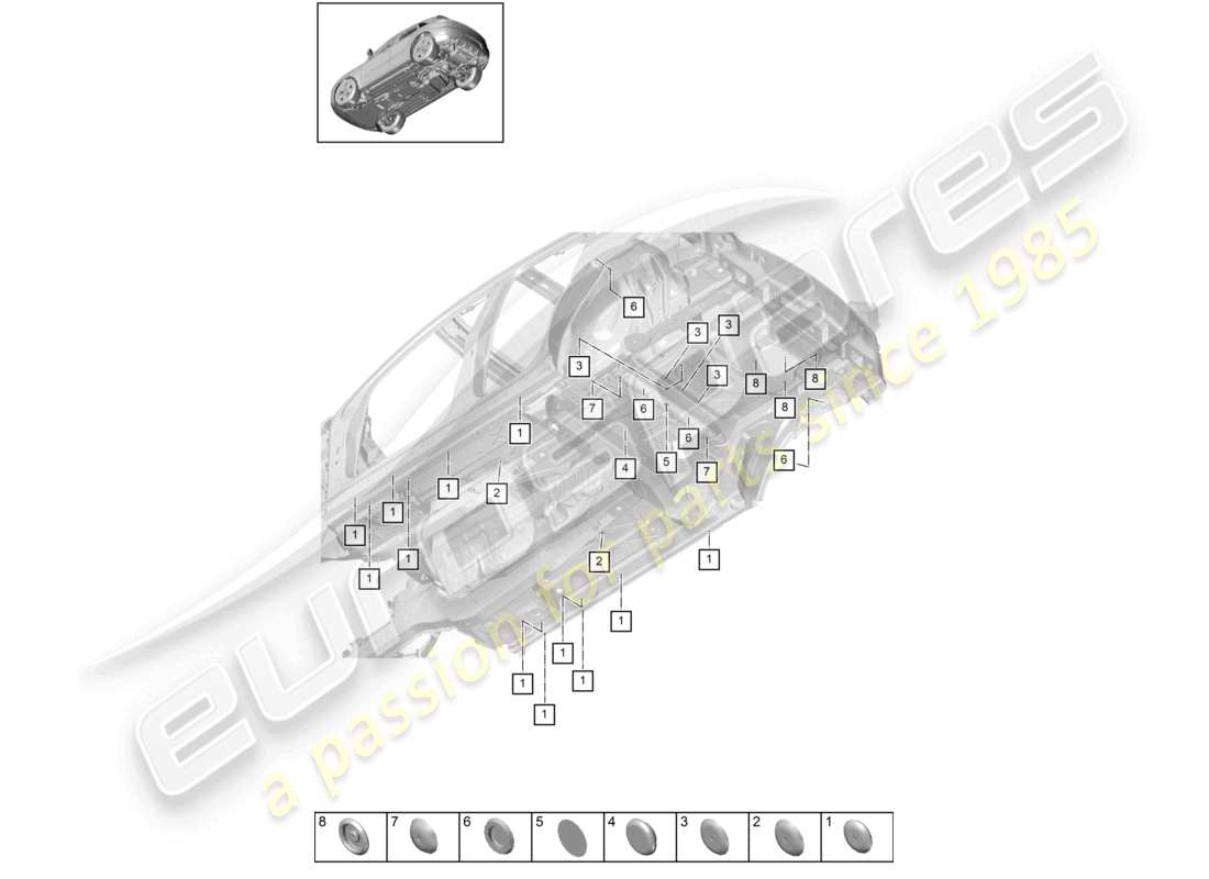 porsche 2021 (macan) schéma des pièces du soubassement extérieur inférieur des bouchons