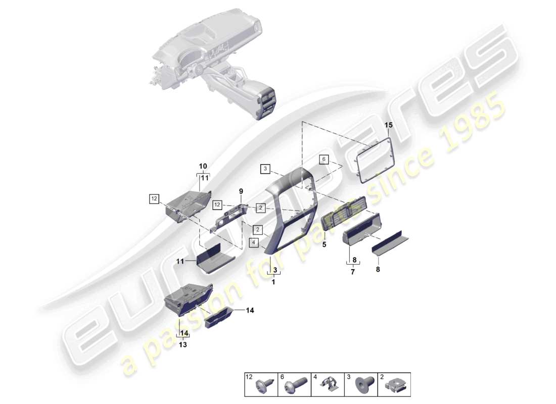 porsche 2026 (cayenne e3 pa) schéma des pièces de la console centrale arrière