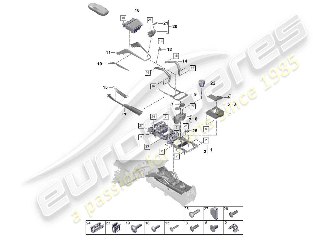 porsche 2025 (cayenne e3 pa) console centrale supérieure schéma des pièces