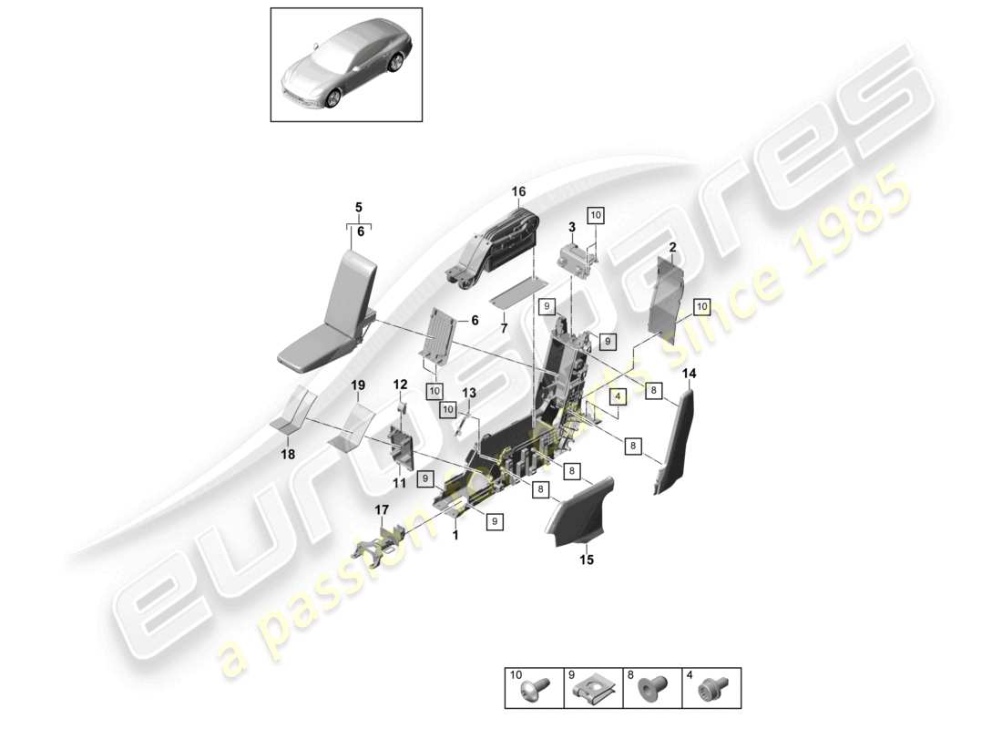 porsche 2021 (panamera 971-1) schéma des pièces commerciales arrière de la console centrale