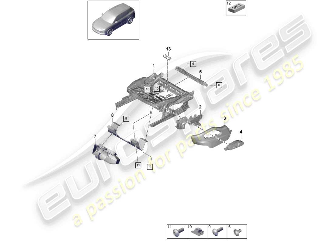 porsche 2021 (cayenne e3 9ya/9yb) schéma des pièces du cadre de siège standard
