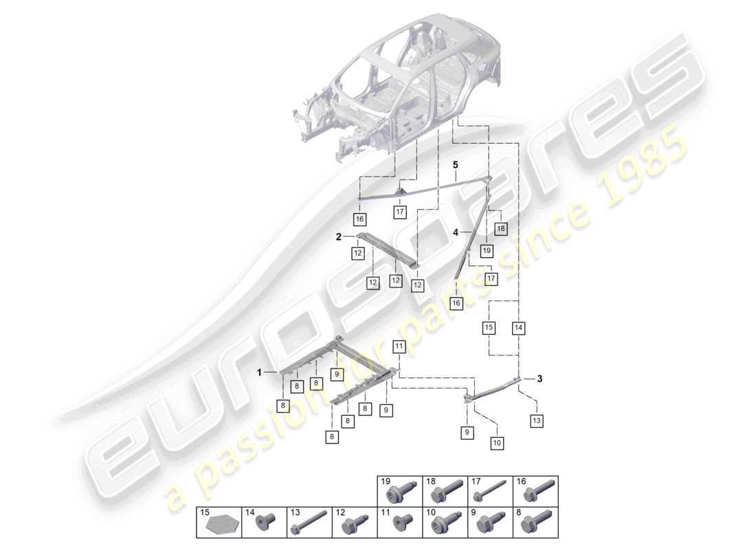 porsche 2025 (cayenne e3 pa) schéma des pièces du soubassement arrière du dôme