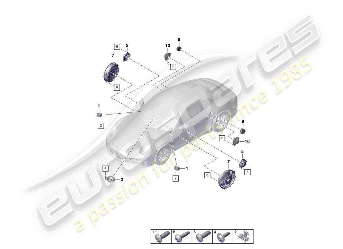 porsche 2024 (992-2) schéma des pièces du système audio bose de base des haut-parleurs