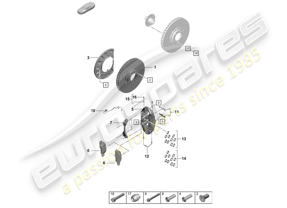 porsche 2022 (992-1 turbo / s) schéma des pièces de l'essieu avant du frein à disque
