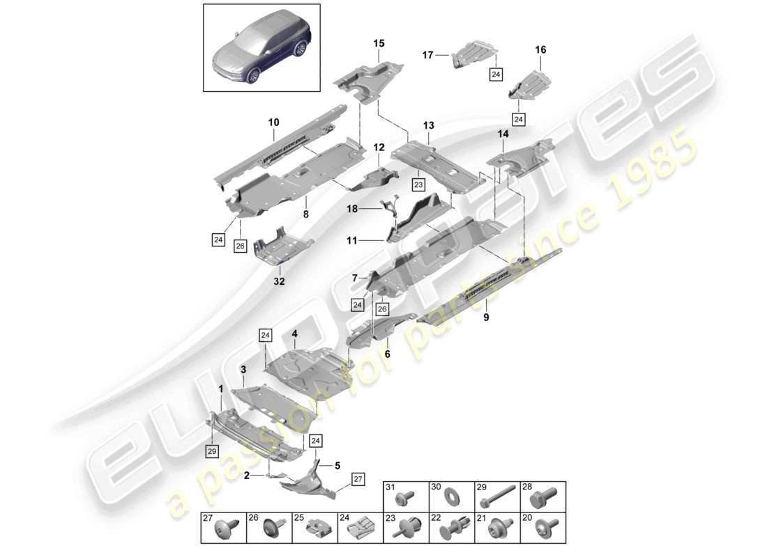 porsche 2024 (cayenne e3 9ya/9yb) schéma des pièces de garniture de soubassement