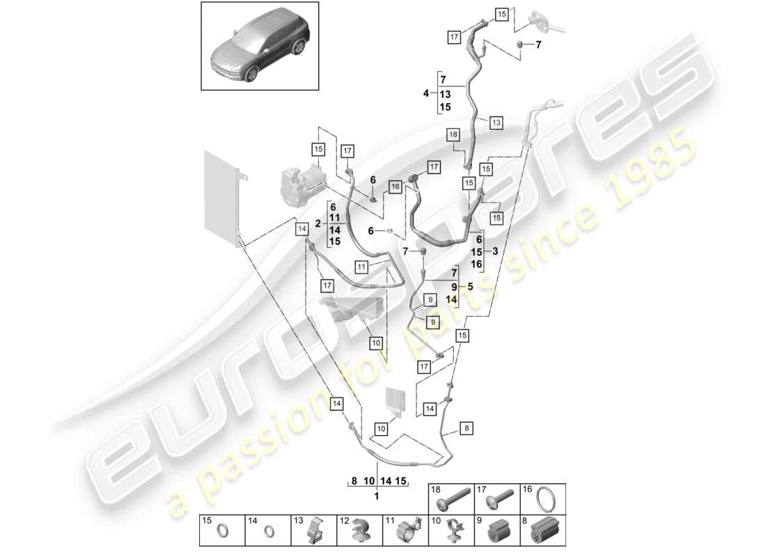 porsche 2024 (cayenne e3 9ya/9yb) circuit frigorifique r4 r1234yf liquide de refroidissement pour véhicules à propulsion hybride schéma des pièces