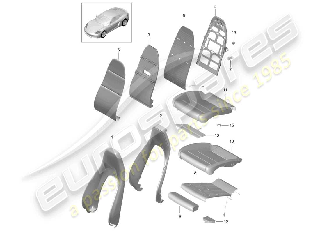 porsche 2024 (718 cayman) housses de dossier en mousse, housses de siège de sport, schéma des pièces