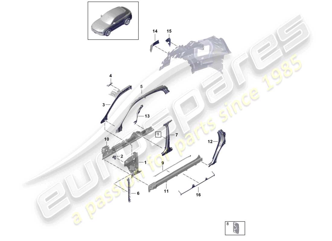 porsche 2024 (cayenne e3 9ya/9yb) partie latérale avant, schéma des pièces intérieures du coupé